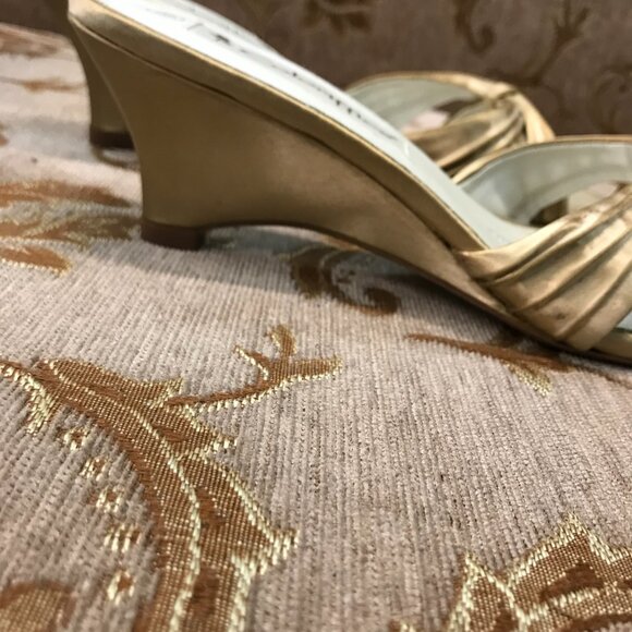 Gold-Dyed Satin Wedge Sandal, Formal Pump Wedding Shoe Comfortable - Picture 13 of 16